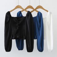 Fashion Solid Color Chiffon Long Sleeve Popover Drawstring Pleated Wrap Crop Top main image 1
