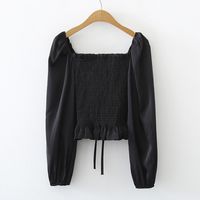 Fashion Solid Color Chiffon Long Sleeve Popover Drawstring Pleated Wrap Crop Top main image 3