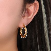 1 Pair Fashion Geometric Stainless Steel Pearl Zircon Gold Plated Earrings main image 5