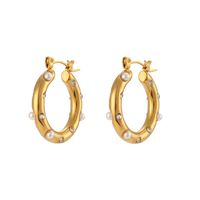 1 Pair Fashion Geometric Stainless Steel Pearl Zircon Gold Plated Earrings sku image 3