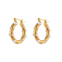 1 Pair Fashion Geometric Stainless Steel Pearl Zircon Gold Plated Earrings sku image 2