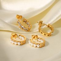 Fashion C Shape Geometric Inlay Stainless Steel Pearl Zircon Gold Plated Earrings main image 1