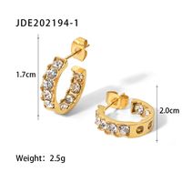 Fashion C Shape Geometric Inlay Stainless Steel Pearl Zircon Gold Plated Earrings sku image 1