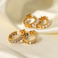 Fashion C Shape Geometric Inlay Stainless Steel Pearl Zircon Gold Plated Earrings main image 3