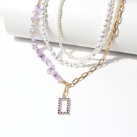 Simple Style Geometric Imitation Pearl Alloy Beaded Inlay Natural Stone Rhinestone Layered Necklaces main image 3