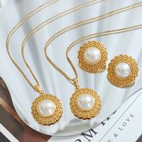Simple Style Round Titanium Steel Gold Plated Pearl Earrings Necklace main image 3