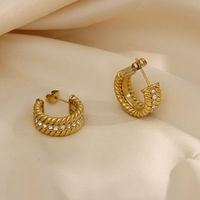 Fashion C Shape Spiral Stripe Inlay Stainless Steel Zircon Gold Plated Earrings main image 1