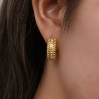 Fashion C Shape Spiral Stripe Inlay Stainless Steel Zircon Gold Plated Earrings main image 5