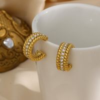 Fashion C Shape Spiral Stripe Inlay Stainless Steel Zircon Gold Plated Earrings main image 2