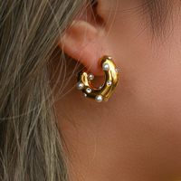 Elegant C Shape Inlay Stainless Steel Artificial Pearls Zircon Earrings main image 4
