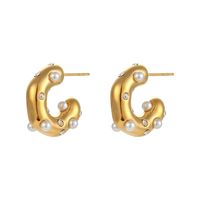 Elegant C Shape Inlay Stainless Steel Artificial Pearls Zircon Earrings sku image 1