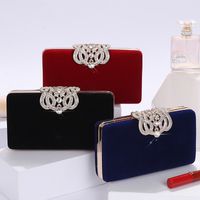 Red Black Navy Blue Pu Leather Solid Color Rhinestone Square Clutch Evening Bag sku image 2