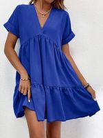 Women's A-line Skirt Fashion V Neck Patchwork Ruffles Short Sleeve Solid Color Above Knee Daily main image 1