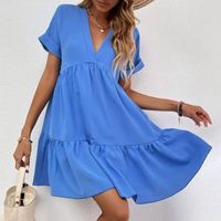 Women's A-line Skirt Fashion V Neck Patchwork Ruffles Short Sleeve Solid Color Above Knee Daily main image 4