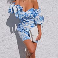 Vacation Fashion Printing Off Shoulder Short Sleeve Printing Polyester Dresses Above Knee Sheath Dress One Shoulder Skirt main image 6