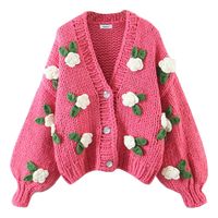 Vintage Style Flower Knitted Fabric V Neck Long Sleeve Regular Sleeve Button Sweater main image 7