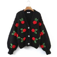 Vintage Style Flower Knitted Fabric V Neck Long Sleeve Regular Sleeve Button Sweater main image 6