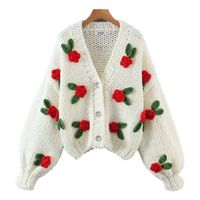 Vintage Style Flower Knitted Fabric V Neck Long Sleeve Regular Sleeve Button Sweater main image 5
