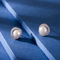 Fashion Flower Sterling Silver Ear Studs Inlaid Pearls Zircon 925 Silver Earrings 1 Pair sku image 2