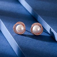 Fashion Flower Sterling Silver Ear Studs Inlaid Pearls Zircon 925 Silver Earrings 1 Pair sku image 1
