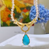 Retro Maple Leaf Water Droplets Imitation Pearl Copper Inlay Turquoise Rings Earrings Necklace main image 1