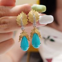 Retro Maple Leaf Water Droplets Imitation Pearl Copper Inlay Turquoise Rings Earrings Necklace main image 3