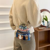 Women's Small Canvas Stripe Streetwear Tassel Bucket String Crossbody Bag main image 1
