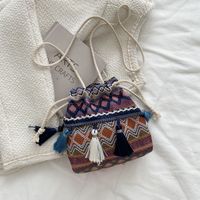 Women's Small Canvas Stripe Streetwear Tassel Bucket String Crossbody Bag sku image 3