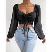 Women's Wrap Crop Top Long Sleeve Blouses Fashion Solid Color main image 8