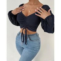 Women's Wrap Crop Top Long Sleeve Blouses Fashion Solid Color main image 4