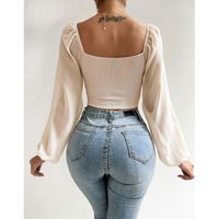 Women's Wrap Crop Top Long Sleeve Blouses Fashion Solid Color main image 9