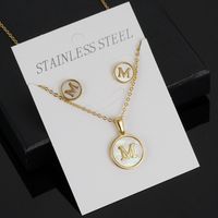 Simple Style Round Letter Stainless Steel Gold Plated Shell Earrings Necklace 3 Piece Set sku image 13