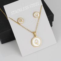 Simple Style Round Letter Stainless Steel Gold Plated Shell Earrings Necklace 3 Piece Set sku image 17