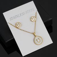 Simple Style Round Letter Stainless Steel Gold Plated Shell Earrings Necklace 3 Piece Set sku image 21
