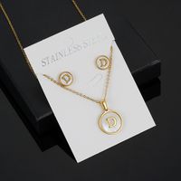 Simple Style Round Letter Stainless Steel Gold Plated Shell Earrings Necklace 3 Piece Set sku image 4