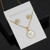 Simple Style Round Letter Stainless Steel Gold Plated Shell Earrings Necklace 3 Piece Set sku image 14