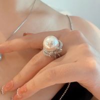 Fashion Bow Knot Copper Rings Inlay Artificial Gemstones Pearl Copper Rings sku image 1