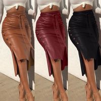 Fashion Solid Color Button Pu Asymmetrical Skinny Skirt main image 1