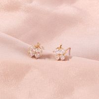 Fashion Four Leaf Clover Letter Flower Copper Ear Studs Inlay Zircon Copper Earrings 1 Pair main image 4