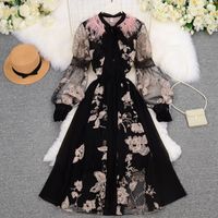 Women's A-line Skirt Elegant Round Neck Embroidery Feather Long Sleeve Flower Midi Dress Holiday Daily sku image 1