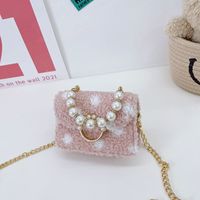 Girl's Small Plush Solid Color Cute Pearl Flip Cover Crossbody Bag sku image 4
