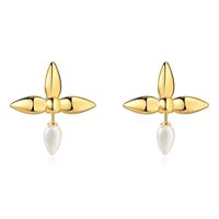 Retro Four Leaf Clover Brass Ear Studs Inlay Pearl Copper Earrings main image 2