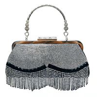 Black Gold Silver Pu Leather Solid Color Rhinestone Square Tassel Evening Bags sku image 1