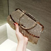Black Gold Silver Pu Leather Solid Color Rhinestone Square Tassel Evening Bags main image 6