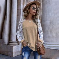 Fashion Stitching Hollow Lace Regular Long-sleeved Round Neck Top For Women sku image 20