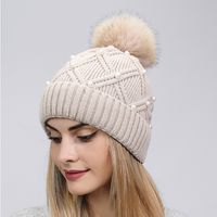 Women's Fashion Solid Color Pom Poms Pearl Crimping Wool Cap main image 6