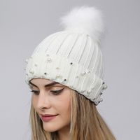 Women's Fashion Solid Color Pom Poms Pearl Crimping Wool Cap sku image 1