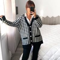 Women's Knitwear Long Sleeve Sweaters & Cardigans Button Fashion Houndstooth main image 4