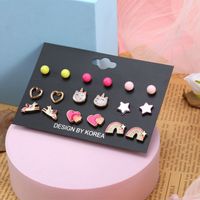 Cute Rainbow Heart Shape Cat Alloy Enamel Plating Ear Studs 1 Set main image 4