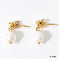 1 Pair Fashion Solid Color Stainless Steel Freshwater Pearl 14k Gold Plated Drop Earrings sku image 1